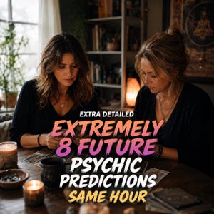 May include: Two individuals in black tops sit at a wooden table with tarot cards, candles, and a dark bowl. Text overlay reads: EXTRA DETAILED EXTREMELY 8 FUTURE PSYCHIC PREDICTIONS SAME HOUR. The scene is dimly lit with a bookshelf in the background.