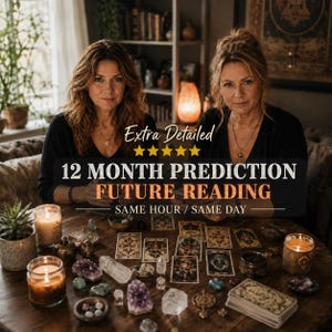 May include: A digital graphic featuring two individuals behind a wooden table covered in tarot cards, crystals, and lit candles. Text reads: Extra Detailed, 12 MONTH PREDICTION FUTURE READING, SAME HOUR / SAME DAY, with five yellow stars centered.