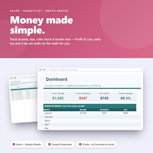 May include: A digital financial tracking spreadsheet for salon professionals featuring a dashboard with income, expense, and profit data. The interface displays text including Money made simple, Dashboard, and monthly logs for Excel and Google Sheets.
