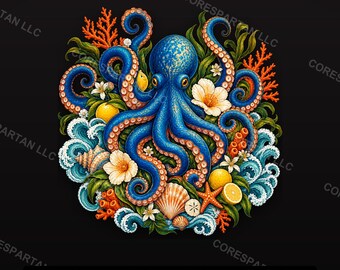 Botanischer Oktopus DTF-Transfer | Küstenflorales Korallendesign (Digitaler Download)