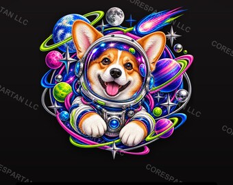 Corgis-Astronauten-PNG | Neon Galaxy Weltraumhund DTF-Transfer (Digitaler Download)