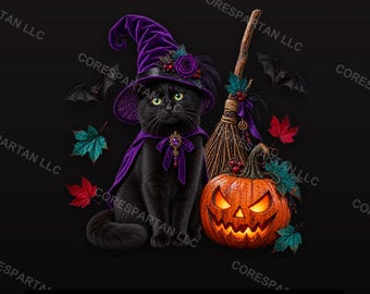 Elegante schwarze Hexenkatze für Halloween (PNG) | Gotische Katze mit Besen und Kürbis (Digitaler Download)