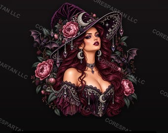 Gothic-Hexe PNG-Sublimationsdesign | Botanisches Fledermaus-Mond-Fantasy-DTF-Transfer | Dark Academia Digitaler Download