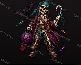 Piratenskelett Halloween DTF-Transfer | Zuckerstange, Kürbiseimer (Digitaler Download)