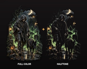 Halloween-Skelett-Soldat K9 DTF-Transferpaket, Taktischer Totenkopffriedhof PNG (Vollfarbe + Halbton)