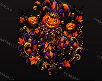 Kürbis-Narrkönig-Sublimationsdesign (PNG) | Halloween-Harlekin-DTF-Transfer | Kürbis-Narr (digitaler Download)