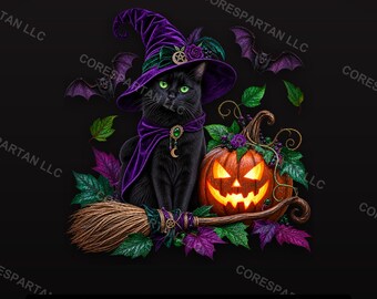 Schwarze Katze und Hexe – Halloween-PNG | Gothic DTF-Transfer (Digitaler Download)