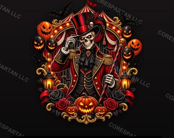 Gothic-Zirkusdirektor-Skelett (PNG) | Halloween-Karneval-DTF-Transfer (Digitaler Download)