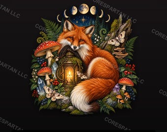 Mystic Fox Cottagecore Walddesign | Mondphase, Pilze, Laterne (Digitaler Download)