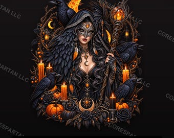 Gotische Rabenzauberin (PNG) | Halloween-Hexe (DTF-Design, Sofort-Download)