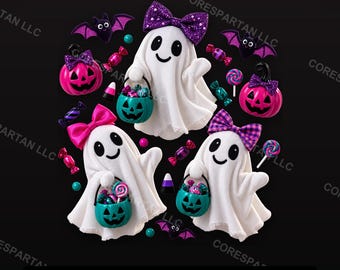 Pastellfarbenes Geister-Trio (DTF-Transfer) | Kawaii-Halloween-Design (Digitaler Download)