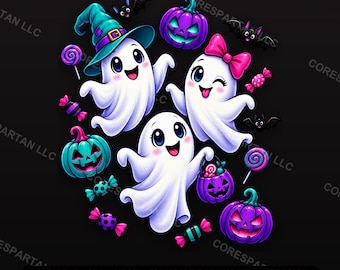 Neon Kawaii Geister-Trio Halloween PNG | DTF Sublimationstransfer (Digitaler Download)