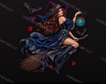 Fliegende Hexe PNG-Sublimationsdesign | Wunderschöner Fantasy-Hexenbesen DTF-Transfer | Glamouröser Halloween-Download