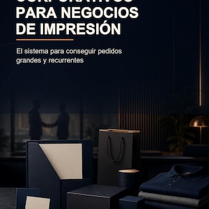 May include: A collection of dark blue and black corporate stationery and apparel items including a document folder, a shopping bag, a box, a clipboard with a pen, and a folded polo shirt, with the text GUÍA PRÁCTICA B2B CLIENTES CORPORATIVOS.