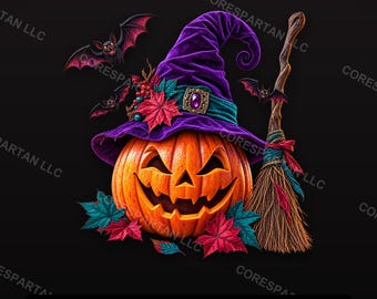 Kürbis mit Hexenhut (PNG-Sublimationsdesign) | Halloween-Kürbis-DTF-Transfer | Herbsthexe (Digitaler Download)
