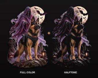 Halloween K9 Deutscher Schäferhund Sensenmann DTF Transfer Bundle (Vollfarbe + Halbton)