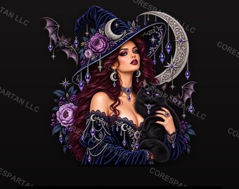 Hexenkatzen-Sublimationsdesign (PNG) | Himmlisches Mond-Porträt im Gothic-Stil (DTF-Transfer) | Mystische Fantasy-Digitalvorlage