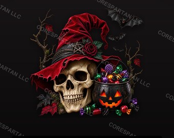 Gothic-Hexenschädel-Halloween-Design | Süßigkeitenkessel-DTF-Transfer (Digitaler Download)