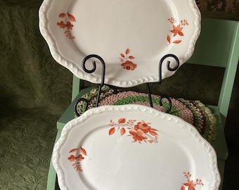 Dieses Set aus 2 Vintage-Porzellan-Servierplatten aus Eschenbach in Bayern, Deutschland, zeichnet sich durch ein markantes orangefarbenes Blumenmuster mit braunen Blättern aus.