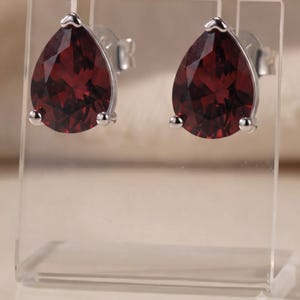 Pear Red Garnet Stud Earrings | Silver Ruby Solitaire Studs | Deep Red Gemstone Earrings | January Birthstone Jewelry Gift for Her