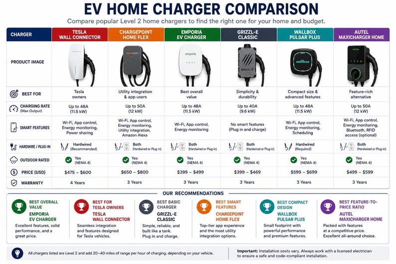 May include: A comparison chart titled EV HOME CHARGER COMPARISON displaying six Level 2 electric vehicle chargers: Tesla Wall Connector, ChargePoint Home Flex, Emporia EV Charger, Grizzl-E Classic, Wallbox Pulsar Plus, and Autel MaxiCharger Home with specs.