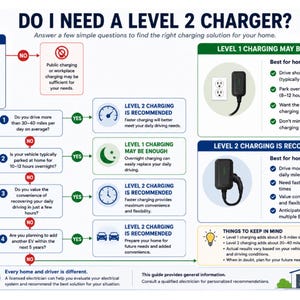 May include: An informational flowchart titled DO I NEED A LEVEL 2 CHARGER? that guides users through decision-making steps regarding electric vehicle charging. It compares Level 1 and Level 2 charging solutions with text, icons, and bulleted lists.