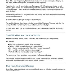 May include: A document titled Chapter 3: Choosing the Right Charger for Your Home. The text discusses factors for selecting an electric vehicle charger, including daily driving habits, vehicle usage, and the choice between plug-in or hardwired units.