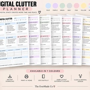 Puede incluir: Un planificador de desorden digital con siete variaciones de color que incluyen azul, morado, verde, gris, rosa, amarillo y multicolor. El planificador presenta secciones para correos electrónicos, fotos, archivos, documentos y suscripciones.