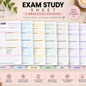 Puede incluir: Un conjunto de siete hojas de estudio para exámenes en colores multi, azul, amarillo, verde, gris, morado y rosa. Cada hoja incluye secciones para materia, fecha, objetivo, temas a estudiar, prioridades, horario, seguimiento de confianza y notas.