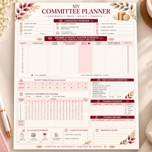Può includere: Un foglio My Committee Planner con sezioni per la panoramica del comitato, il programma dei membri e dei pagamenti, il tracker dei contributi mensili, i pagamenti in sospeso, il registro dei pagamenti e un riepilogo con accenti floreali.
