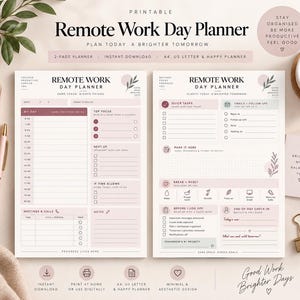 Puede incluir: Un planificador de jornada laboral remota imprimible de dos páginas con un esquema de colores rosa suave y blanco. El diseño incluye secciones para tareas diarias, reuniones, enfoque principal y revisiones de fin de día con iconos.