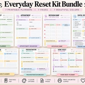 以下が含まれることがあります： Everyday Reset Kit Bundleには、ADHD Daily、Appointment Organizer、Decision Dump、Digital Declutter、Errand、Procrastination Breaker、Home Resetの7つの印刷可能なプランナーが含まれており、7色でテキストとアイコンが記載されています。