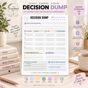 May include: A Decision Dump printable planner page featuring sections for options, pros, cons, values, and next steps. The white document includes black text, lines for writing, and pastel-colored headers. It is available in seven colors.