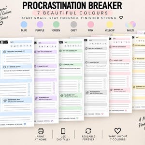 Puede incluir: Un conjunto de siete hojas de planificador Procrastination Breaker en azul, morado, verde, gris, rosa, amarillo y multicolor. Cada hoja incluye secciones para tareas, primeros pasos, inicios de 5 minutos, pasos y notas.