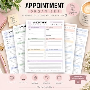 Pode incluir: Uma folha de planeamento de compromissos imprimível com secções para detalhes do compromisso, localização, perguntas, itens a levar, notas e lembretes. O layout inclui cabeçalhos em tons pastel e o texto Appointment Organizer, Be Prepared. Stay Focused. Make The Most Of It.