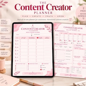 Könnte beinhalten: Die digitale Vorlage Content Creator Planner enthält einen wöchentlichen Inhaltskalender und Arbeitsablaufseiten in einem zarten Rosaton. Das Layout umfasst Bereiche zur Nachverfolgung von sozialen Medien, Inhaltsideen und Leistungsdaten.