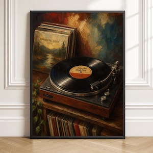 May include: A vintage-style record player with a black vinyl disc on the platter, featuring a label that reads Echoes Over Brindle Creek. Beside it sits a stack of albums, one titled Wandering Light Vol II, with a shelf of records below.