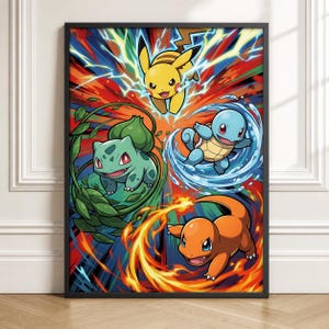 May include: A rectangular wall art print featuring four animated creatures: a yellow electric character with lightning, a green plant-based character with vines, a blue water character in a swirl, and an orange fire character with flames.