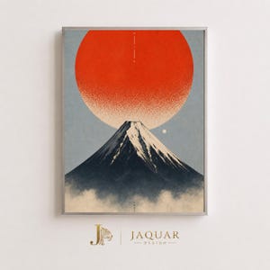 Mount Fuji Rode Zon Print, Minimalistische Japanse Houtsnede Kunst, Vintage Japandi Muurdecoratie, Zen Woonkamer Poster