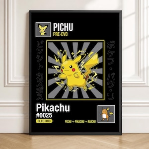Peut inclure: Une affiche rectangulaire noire présentant une illustration centrale d'un Pikachu jaune entouré d'éclairs jaunes sur un fond gris en rayons de soleil. Le texte inclut PICHU PRE-EVO, Pikachu #0025, ELECTRIC et PICHU -> PIKACHU -> RAICHU.