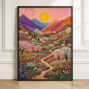 Può includere: Un dipinto paesaggistico incorniciato che presenta una scena vibrante e strutturata di colline ondulate, un sole giallo brillante e un sentiero di pietra tortuoso che attraversa un giardino pieno di fiori colorati e alberi in fiore verso case.