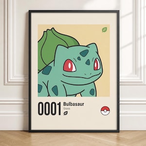 May include: A framed wall art print featuring a light green Bulbasaur character with a large green bulb on its back. The design includes the text 0001 Bulbasaur, the word Grass, a small leaf icon, and a red and white Poké Ball graphic symbol.