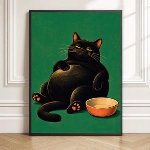 Mycket nöjd katt bredvid en tom skål, retro kökshumortryck
