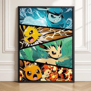 May include: A framed vertical poster featuring four comic-style panels of stylised creatures. The top panel shows a blue creature with swirling water, the second a yellow creature with lightning, the third a green creature with leaves, and the bottom an orange creature with fire.
