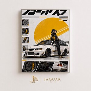 Peut inclure: Une affiche représentant un break blanc avec des accents jaunes, une personne en veste noire et jaune appuyée contre le véhicule, et un grand cercle jaune en arrière-plan. Inclut des illustrations de pièces automobiles et du texte japonais.