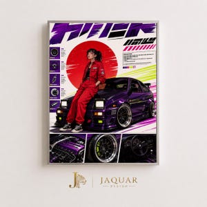 May include: A poster featuring a person in a red jumpsuit sitting on the bonnet of a purple sports car. The background includes a large red circle, Japanese text, and neon green accents. Smaller panels show a car engine, a wheel, and a steering wheel.