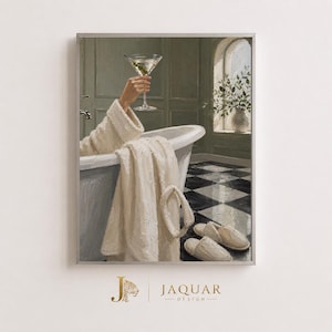 May include: An oil painting depicting a person in a cream-colored robe inside a bathtub, holding a martini glass. A pair of cream slippers rests on a black and white checkered floor. The text JAQUAR DESIGN appears at the bottom of the artwork.