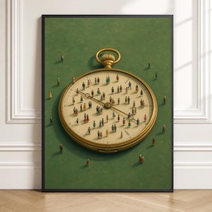 Arte de Pared Reloj de Bolsillo Dorado, Personas Diminutas en Esfera de Reloj, Poster Caprichoso del Tiempo, Decoracion Vintage para Estudio