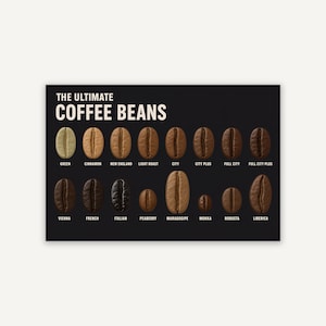 Puede incluir: Un póster educativo negro titulado THE ULTIMATE COFFEE BEANS que muestra una cuadrícula de varios tipos de granos de café y niveles de tueste. Cada grano está etiquetado con su nombre, desde verde hasta marrón oscuro, en dos filas.