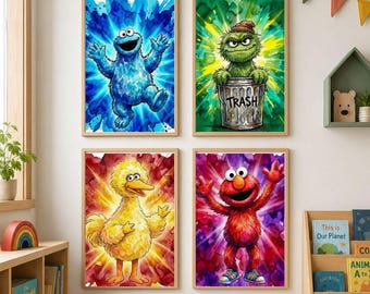 Sesamstrasse Monster Set zum Ausdrucken, Elmo Krümelmonster Oscar Aquarell, Kinder Party Deko, Wandkunst Kinderzimmer